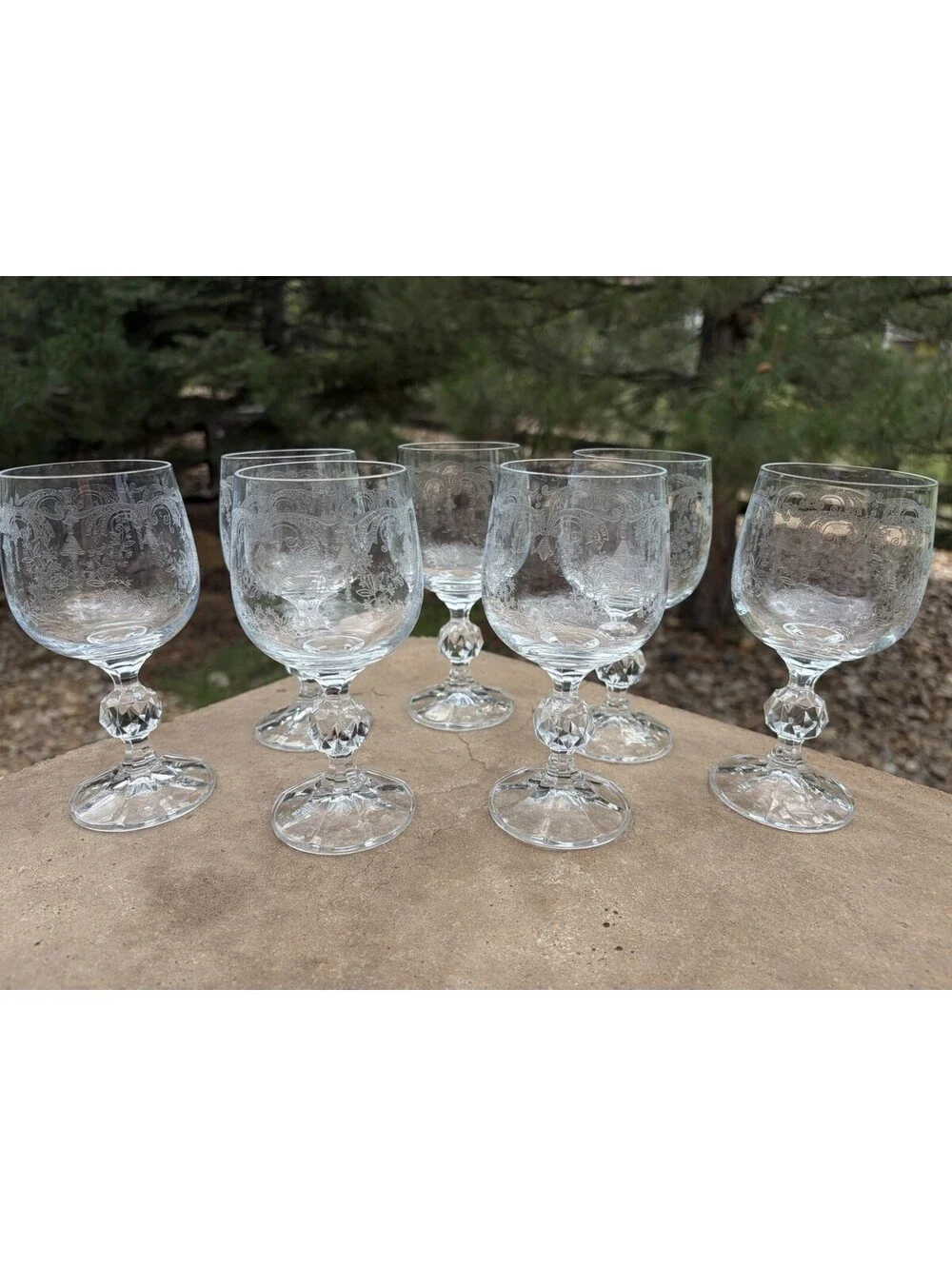 7 Vintage Bohemia Crystal Etched Cascade Wine Glass Goblets Ball Stem 5 3/4. “